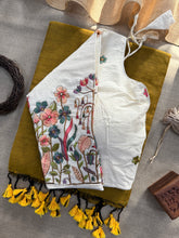 Golden Handloom Cotton Saree With Embrodery Work Redy Made Blouse
